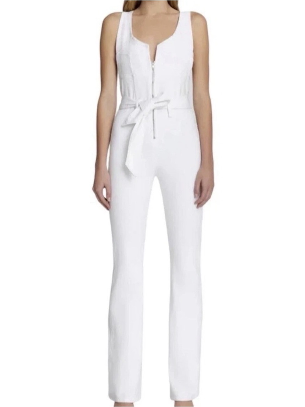 NWT 7 FOR ALL MAN KIND Women’s White Zip-Front Sleeveless Jumpsuit with Tie Belt